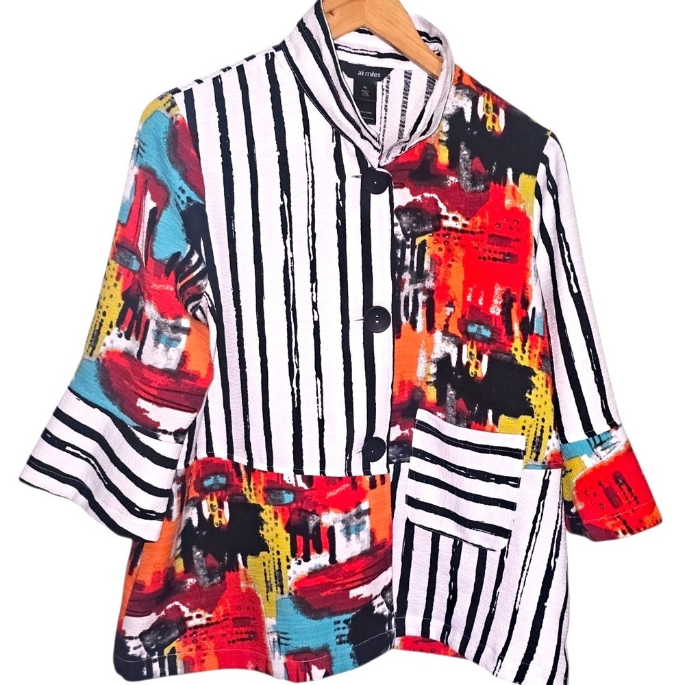 Ali Miles Jacket Womens Sz Petite Large White Abstract Art Print Swing 3 Button